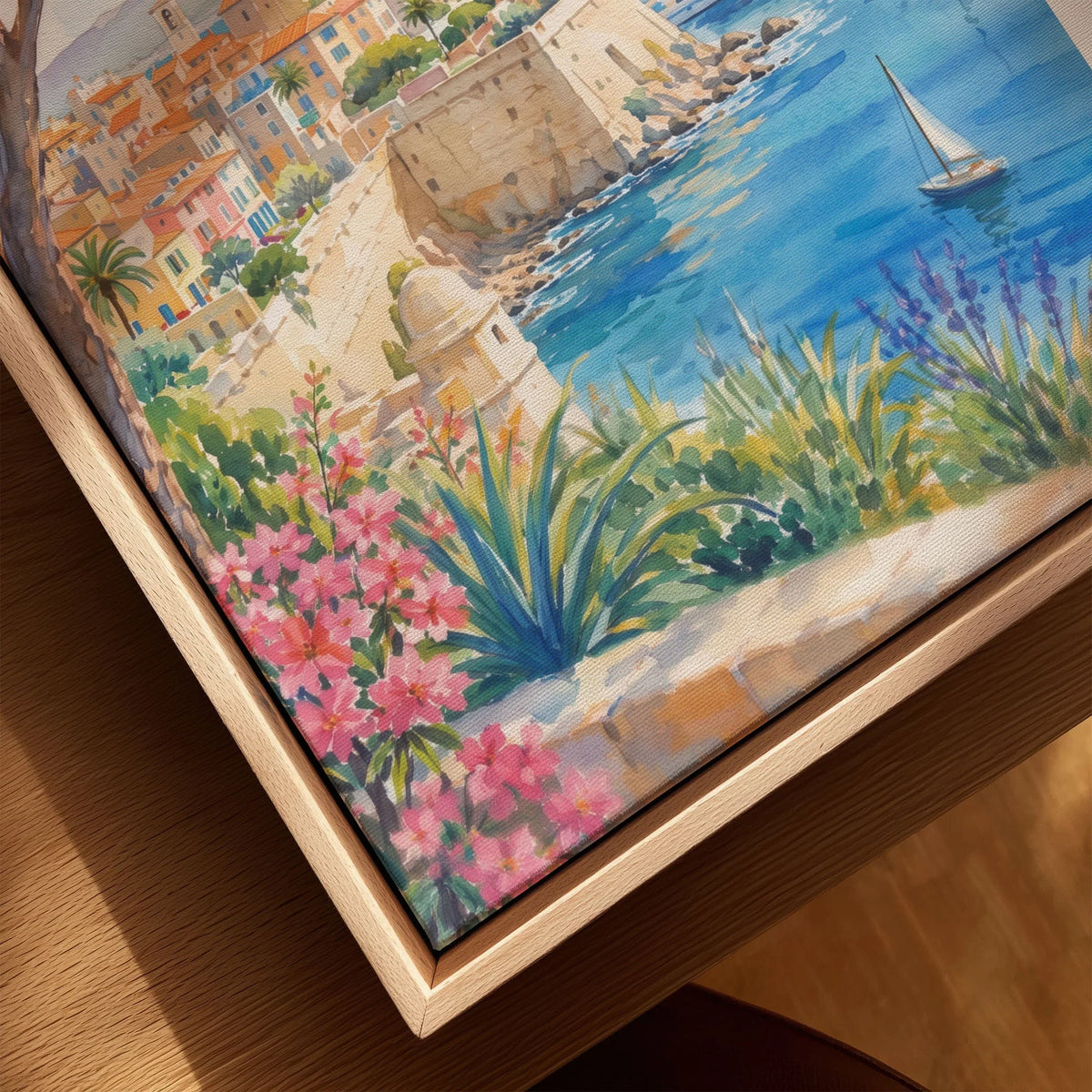 Antibes old town ramparts and harbour watercolour art print framed canvas with float frame, close-up