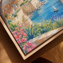 Antibes old town ramparts and harbour watercolour art print framed canvas with float frame, close-up