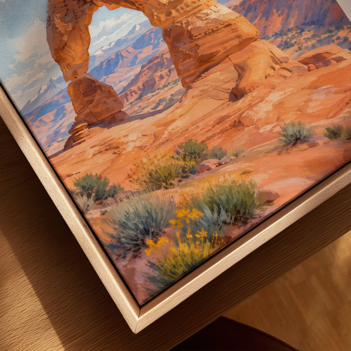 Arches National Park Delicate Arch watercolour art print framed canvas with float frame, close-up