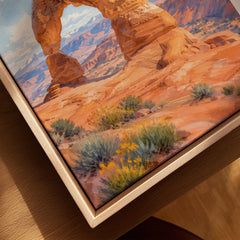 Arches National Park Delicate Arch watercolour art print framed canvas with float frame, close-up