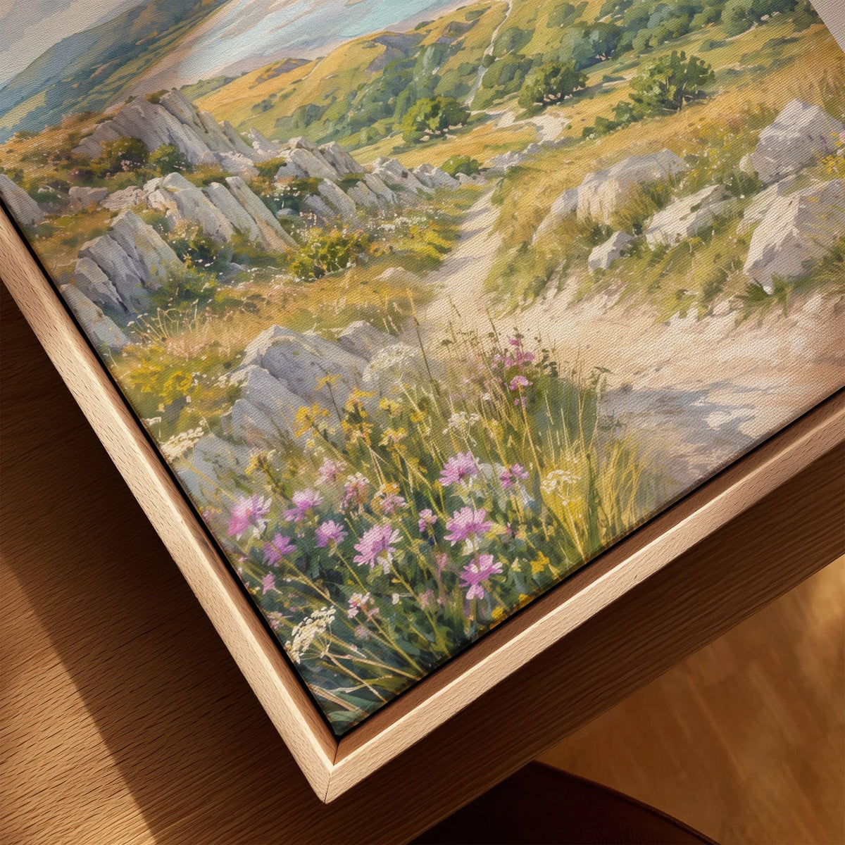 Arnside and Silverdale Morecambe Bay watercolour art print framed canvas with float frame, close-up
