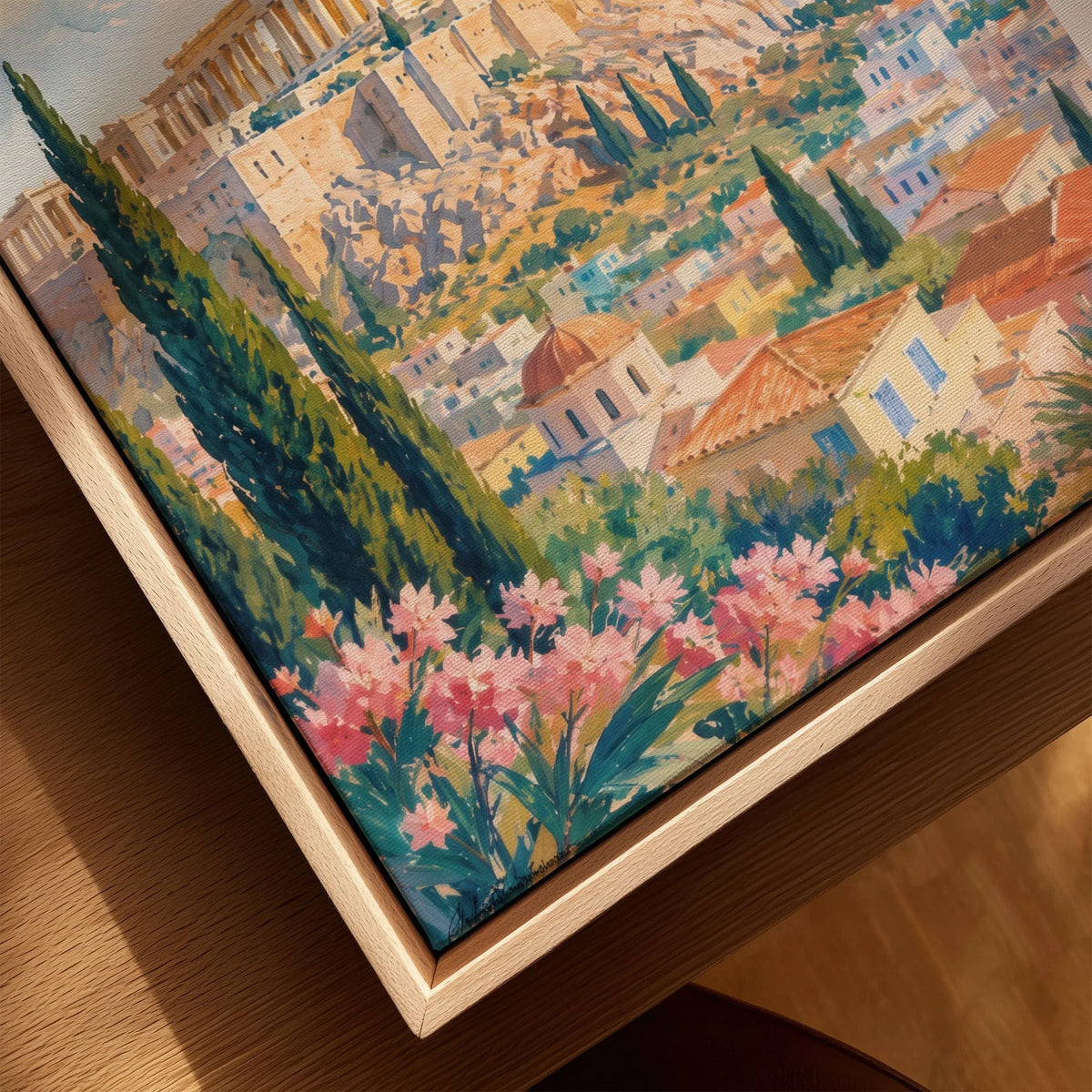 Athens Acropolis and Parthenon watercolour art print framed canvas with float frame, close-up