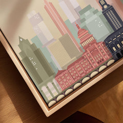 Austin city skyline art print, framed canvas with float frame, close-up