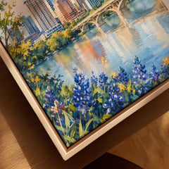 Austin skyline and Lady Bird Lake watercolour art print framed canvas with float frame, close-up