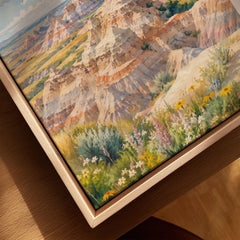 Badlands National Park striped eroded buttes watercolour art print framed canvas with float frame, close-up