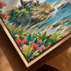 Bali Tanah Lot sea temple watercolour art print framed canvas with float frame, close-up