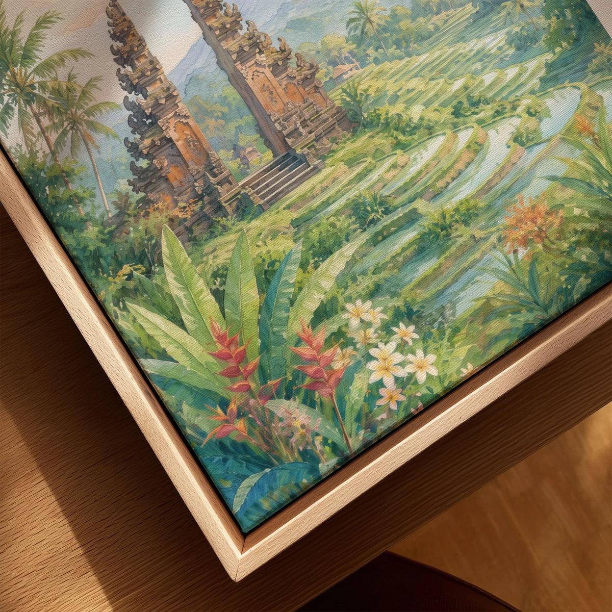 Bali temple gate and rice terraces watercolour art print framed canvas with float frame, close-up