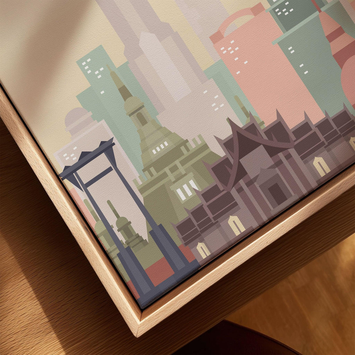 Bangkok city skyline art print, framed canvas with float frame, close-up