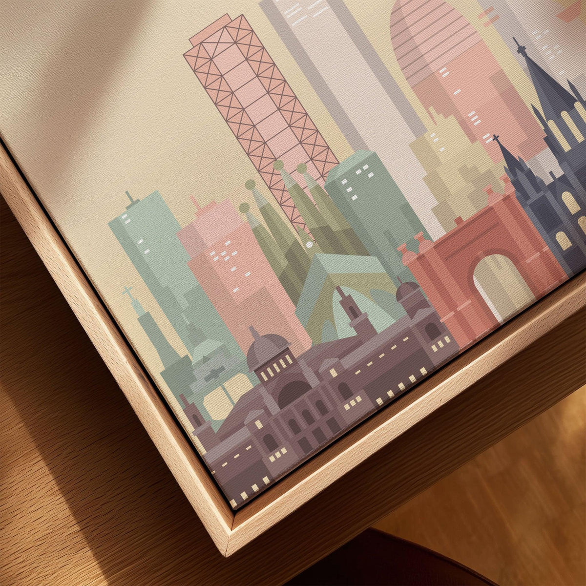 Barcelona city skyline art print, framed canvas with float frame, close-up