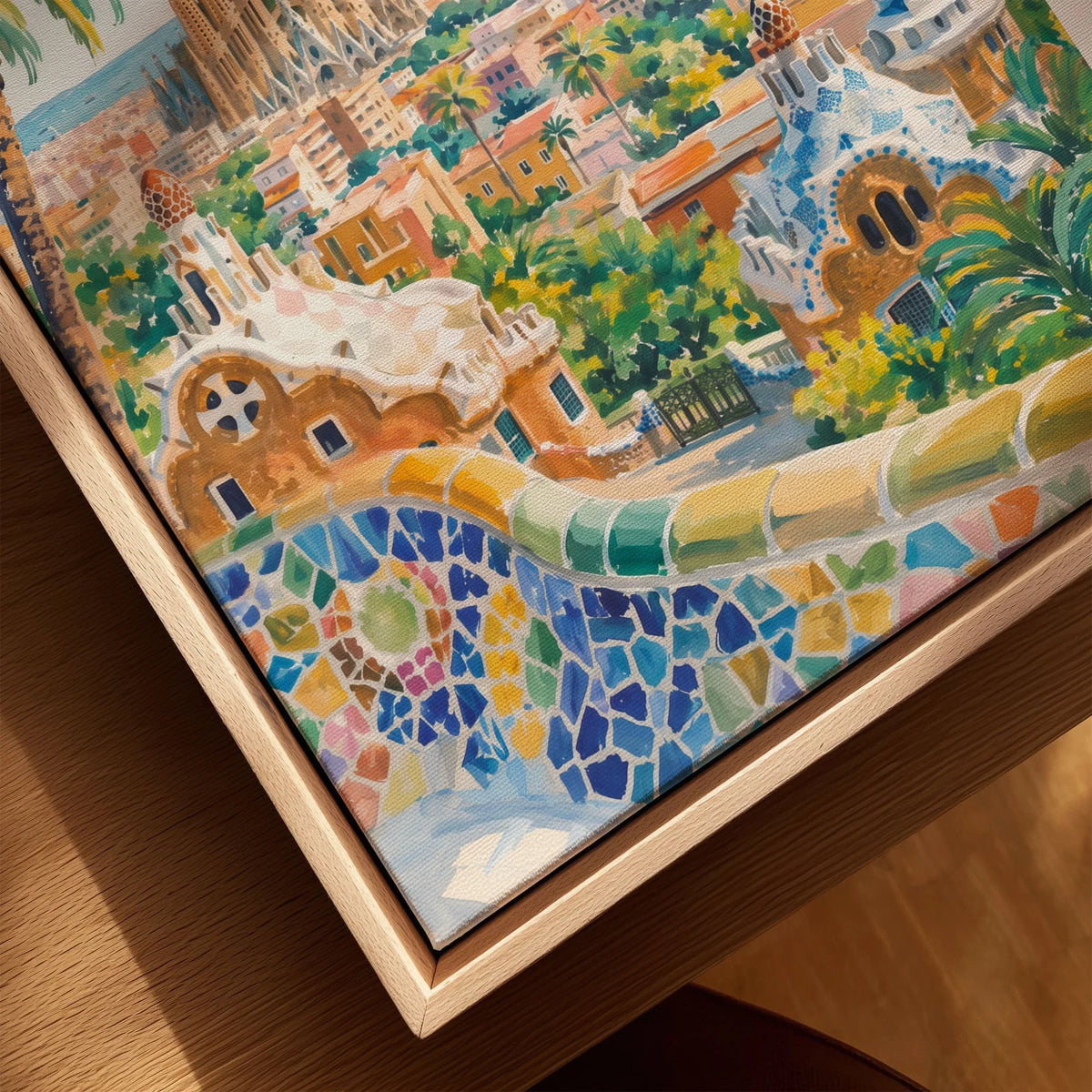 Barcelona Park Güell and Sagrada Família watercolour art print framed canvas with float frame, close-up