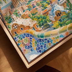 Barcelona Park Güell and Sagrada Família watercolour art print framed canvas with float frame, close-up