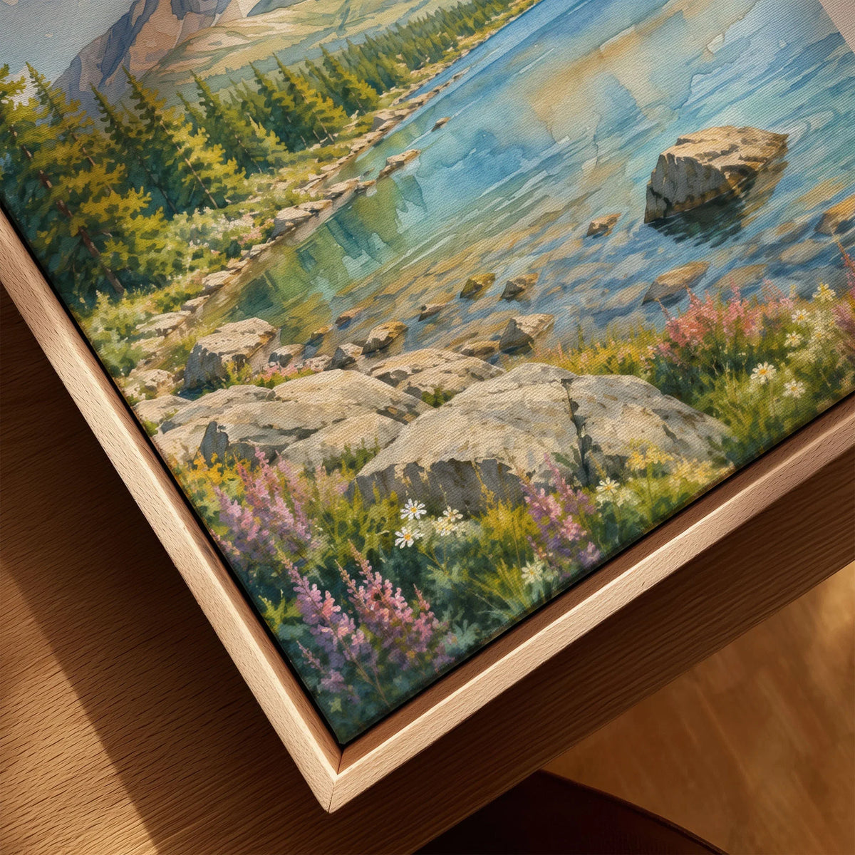 Baxter State Park Mount Katahdin and lake watercolour art print framed canvas with float frame, close-up