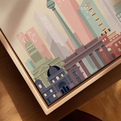 Berlin city skyline art print, framed canvas with float frame, close-up