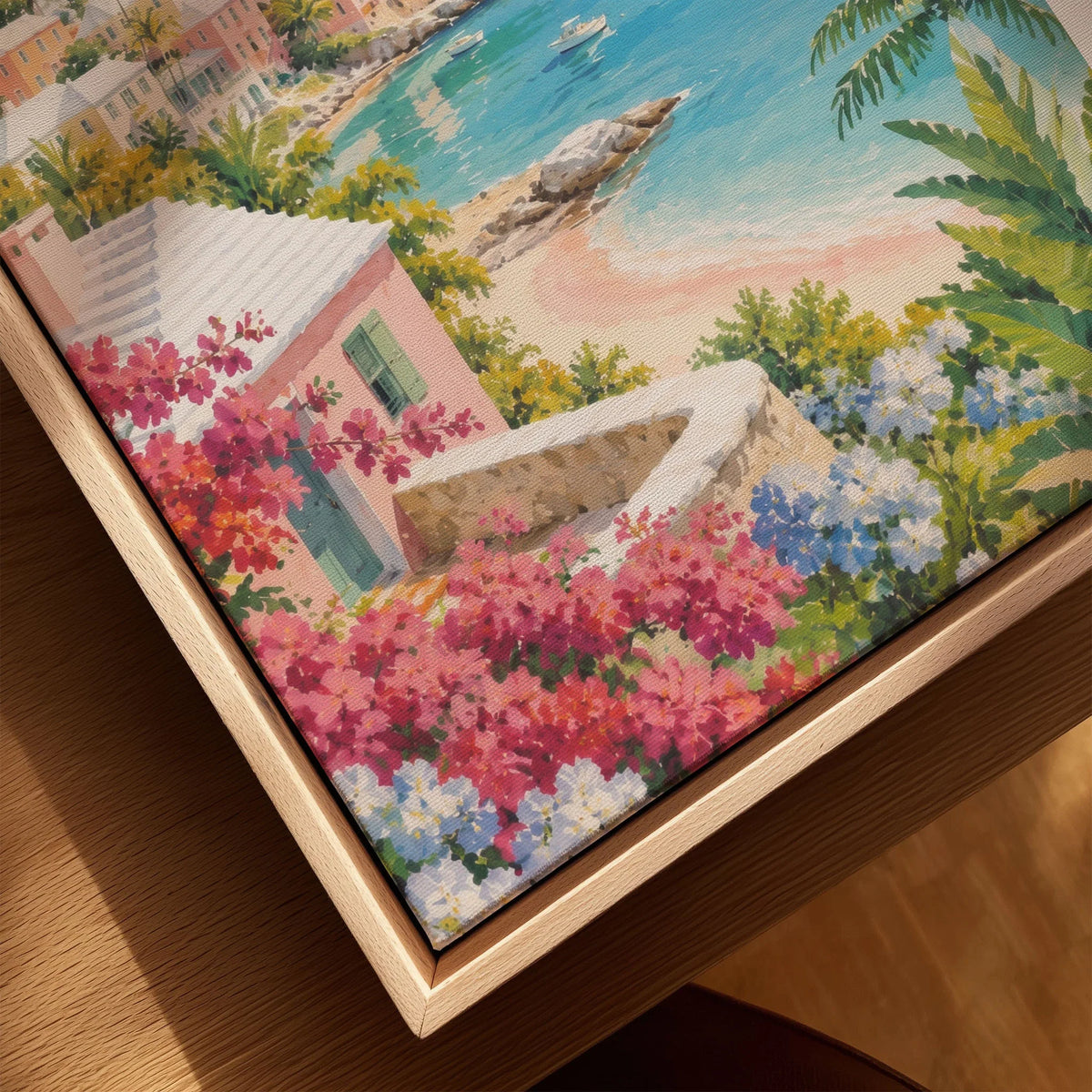 Bermuda pastel cottages and turquoise bay watercolour art print framed canvas with float frame, close-up