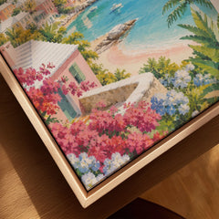 Bermuda pastel cottages and turquoise bay watercolour art print framed canvas with float frame, close-up