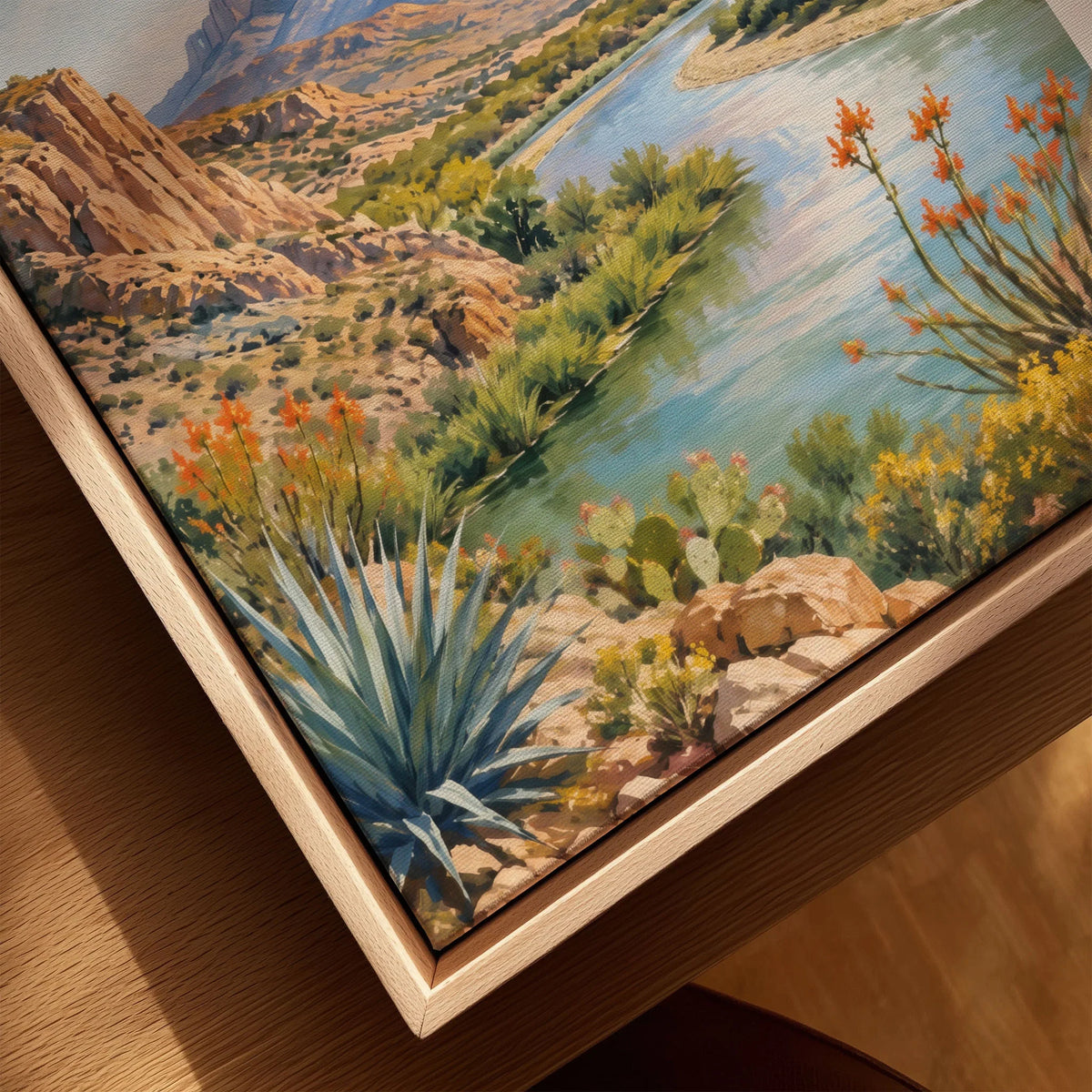 Big Bend National Park Rio Grande and Chisos Mountains watercolour art print framed canvas with float frame, close-up