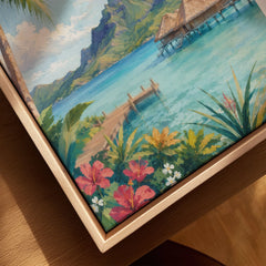 Bora Bora overwater bungalows and Mount Otemanu watercolour art print framed canvas with float frame, close-up