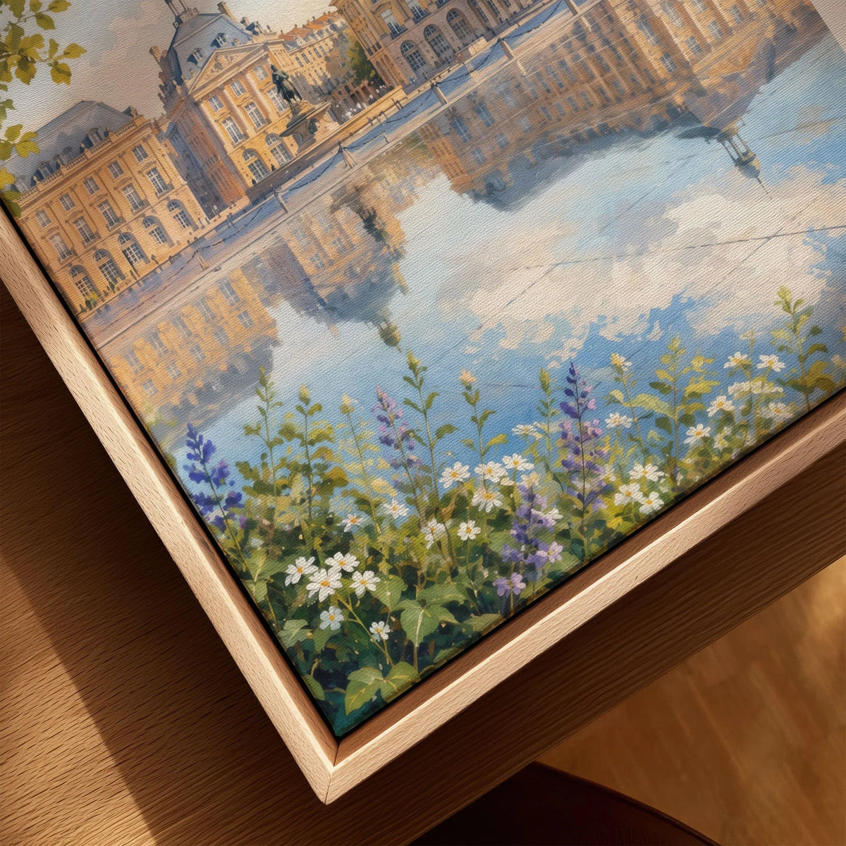 Bordeaux Place de la Bourse water mirror watercolour art print framed canvas with float frame, close-up