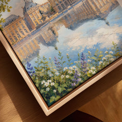 Bordeaux Place de la Bourse water mirror watercolour art print framed canvas with float frame, close-up