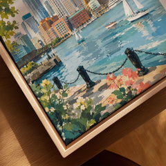 Boston harbour skyline with sailboats watercolour art print framed canvas with float frame, close-up