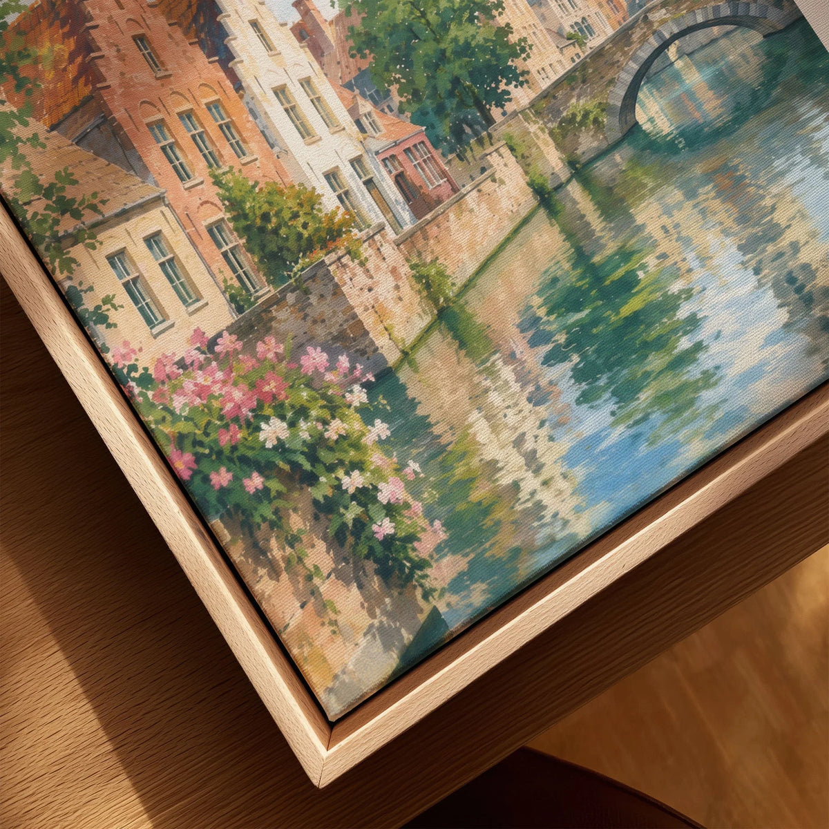 Bruges canal and Belfry tower watercolour art print framed canvas with float frame, close-up