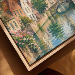 Bruges canal and Belfry tower watercolour art print framed canvas with float frame, close-up