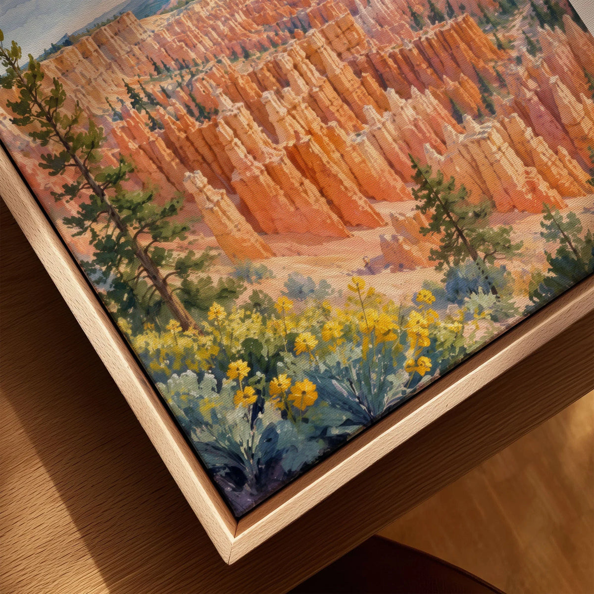 Bryce Canyon National Park hoodoo amphitheatre watercolour art print framed canvas with float frame, close-up