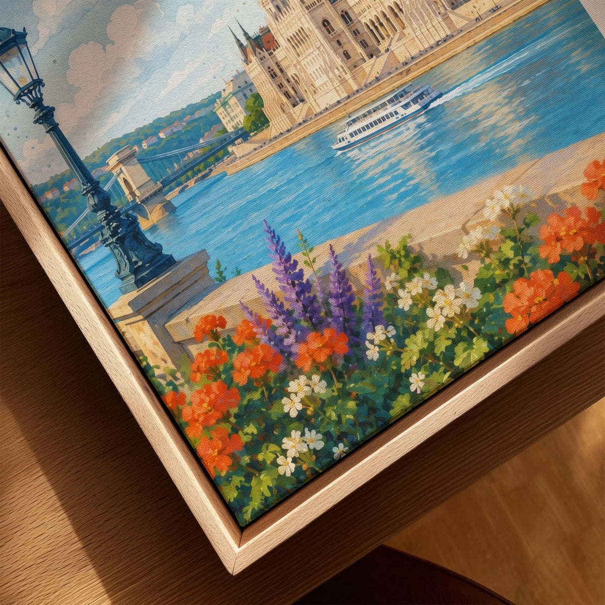 Budapest Parliament on the Danube watercolour art print framed canvas with float frame, close-up