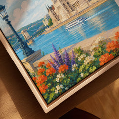 Budapest Parliament on the Danube watercolour art print framed canvas with float frame, close-up