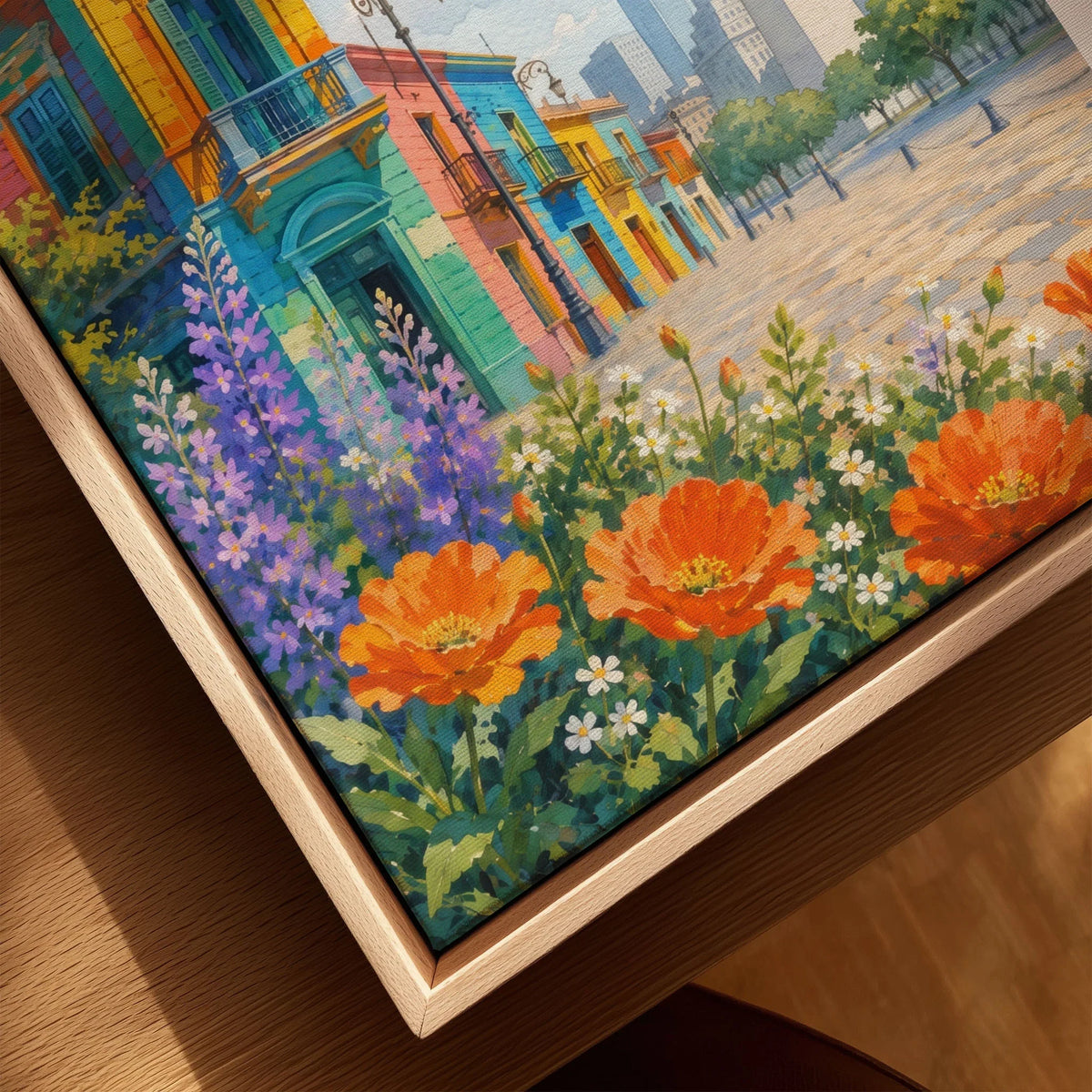 Buenos Aires La Boca houses and the Obelisco watercolour art print framed canvas with float frame, close-up