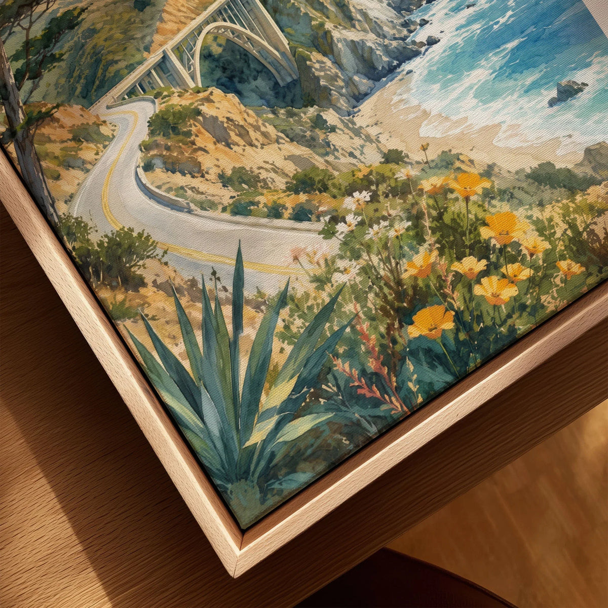 Big Sur Bixby Bridge on the coast watercolour art print framed canvas with float frame, close-up