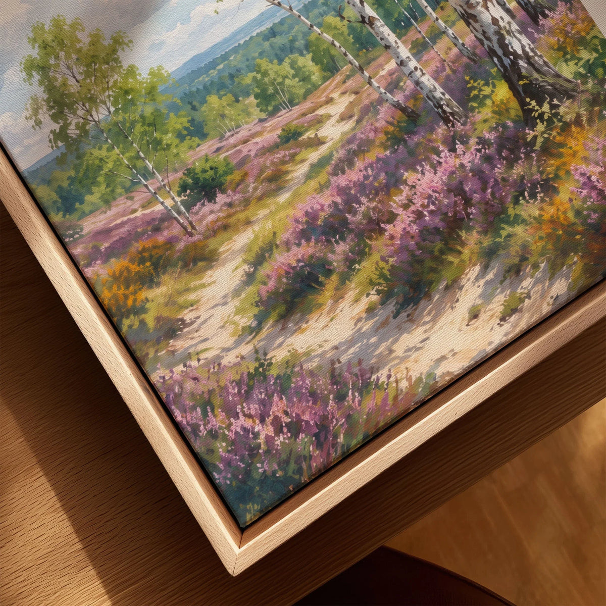 Cannock Chase silver birch and heather path watercolour art print framed canvas with float frame, close-up