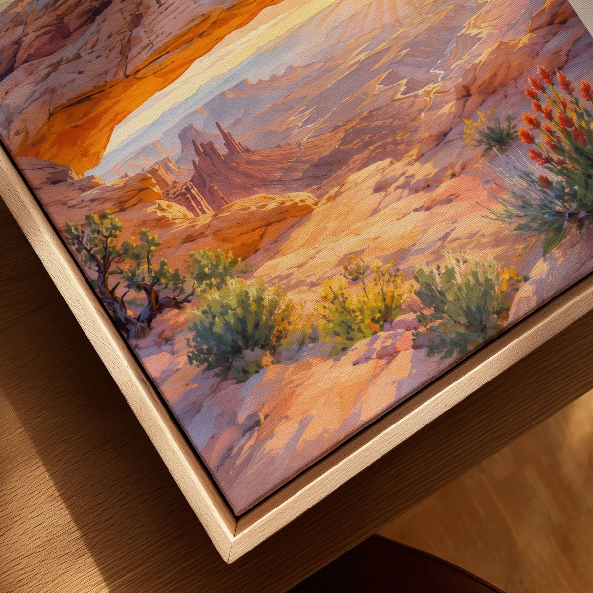 Canyonlands National Park Mesa Arch at sunrise watercolour art print framed canvas with float frame, close-up