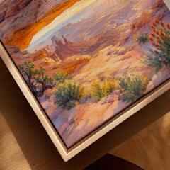 Canyonlands National Park Mesa Arch at sunrise watercolour art print framed canvas with float frame, close-up