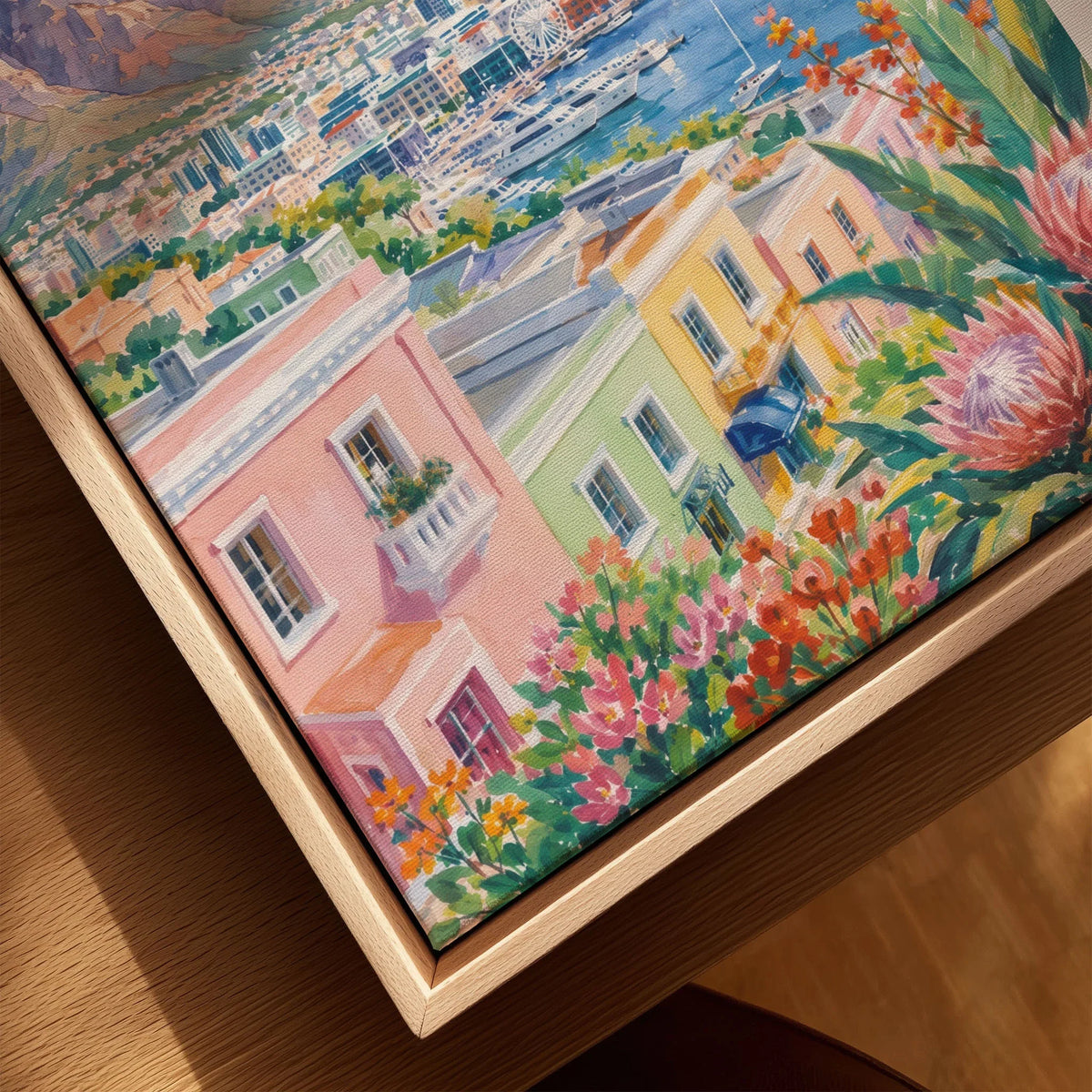Cape Town Table Mountain and colourful houses watercolour art print framed canvas with float frame, close-up
