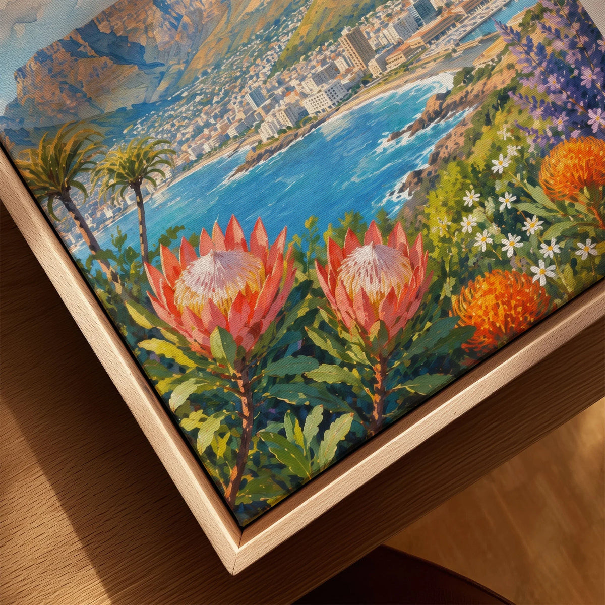 Cape Town Table Mountain bay with proteas watercolour art print framed canvas with float frame, close-up