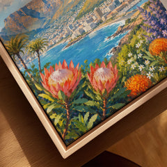 Cape Town Table Mountain bay with proteas watercolour art print framed canvas with float frame, close-up