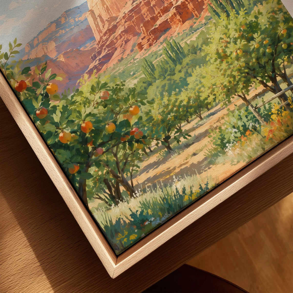 Capitol Reef National Park Fruita orchards and cliffs watercolour art print framed canvas with float frame, close-up