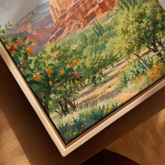 Capitol Reef National Park Fruita orchards and cliffs watercolour art print framed canvas with float frame, close-up