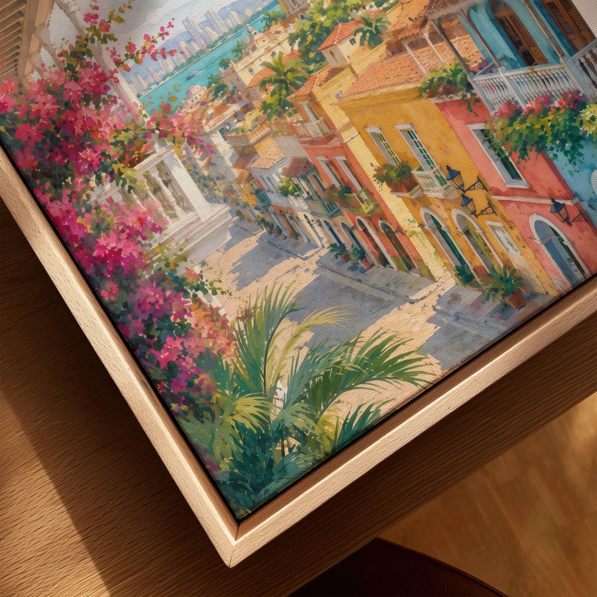 Cartagena colonial old town street watercolour art print framed canvas with float frame, close-up