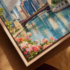 Chicago river and skyline watercolour art print framed canvas with float frame, close-up