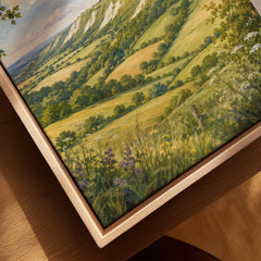 Chilterns rolling chalk hills watercolour art print framed canvas with float frame, close-up