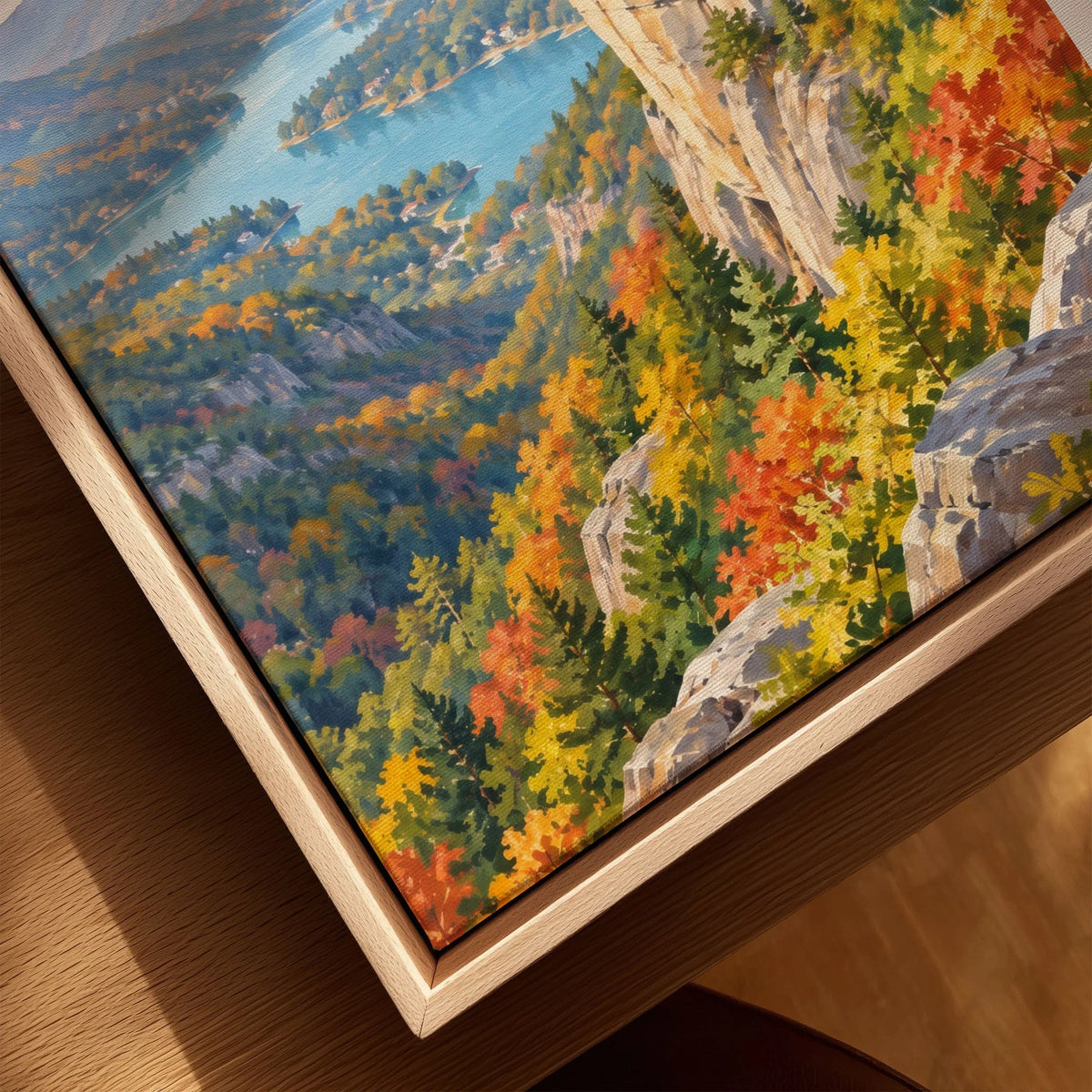Chimney Rock State Park Chimney Rock above Lake Lure watercolour art print framed canvas with float frame, close-up