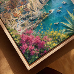 Cinque Terre Manarola cliff village watercolour art print framed canvas with float frame, close-up
