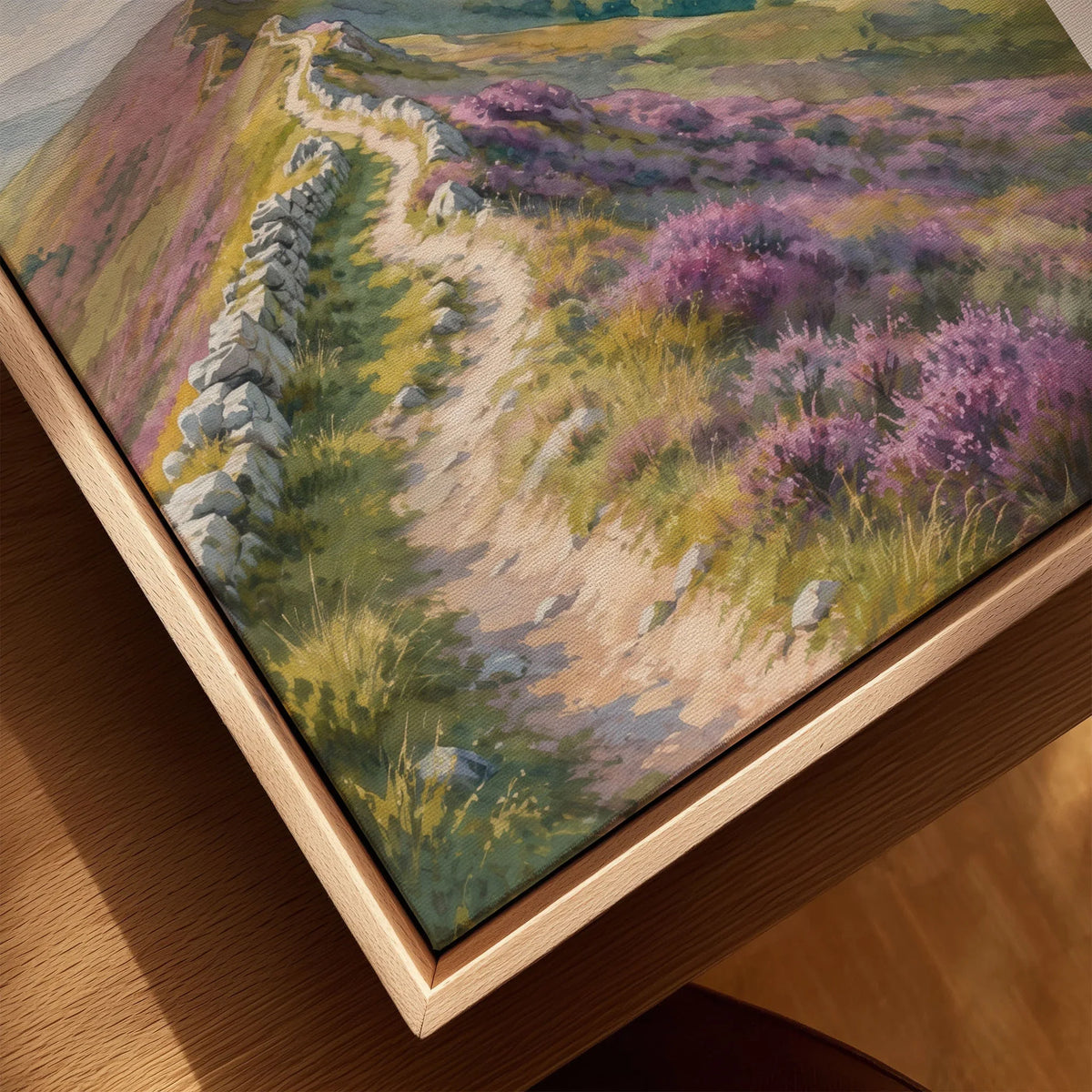 Clwydian Range heather ridge path watercolour art print framed canvas with float frame, close-up