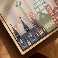 Cologne city skyline art print, framed canvas with float frame, close-up
