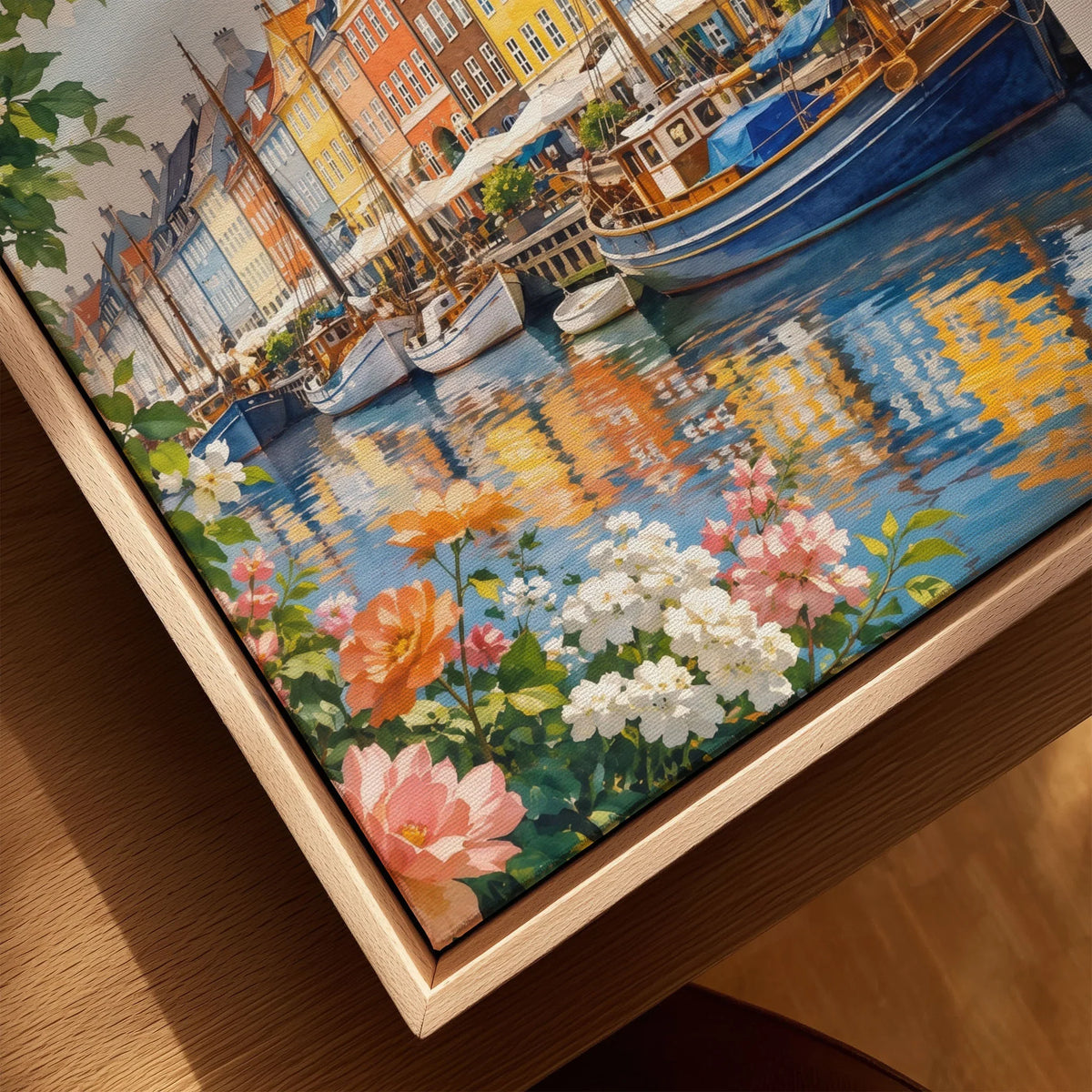 Copenhagen Nyhavn harbour houses watercolour art print framed canvas with float frame, close-up