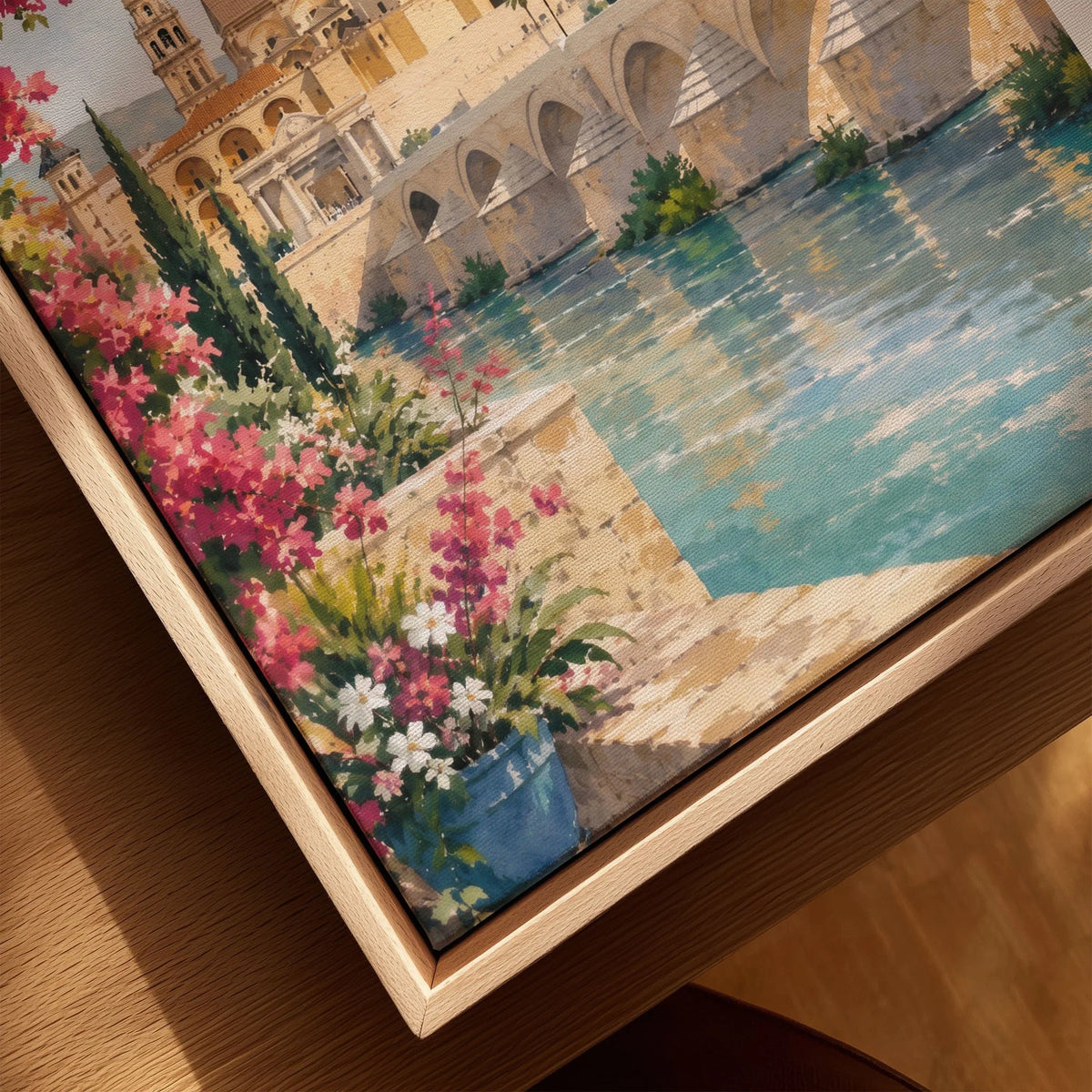 Córdoba Roman bridge and Mezquita watercolour art print framed canvas with float frame, close-up