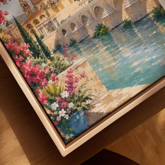 Córdoba Roman bridge and Mezquita watercolour art print framed canvas with float frame, close-up