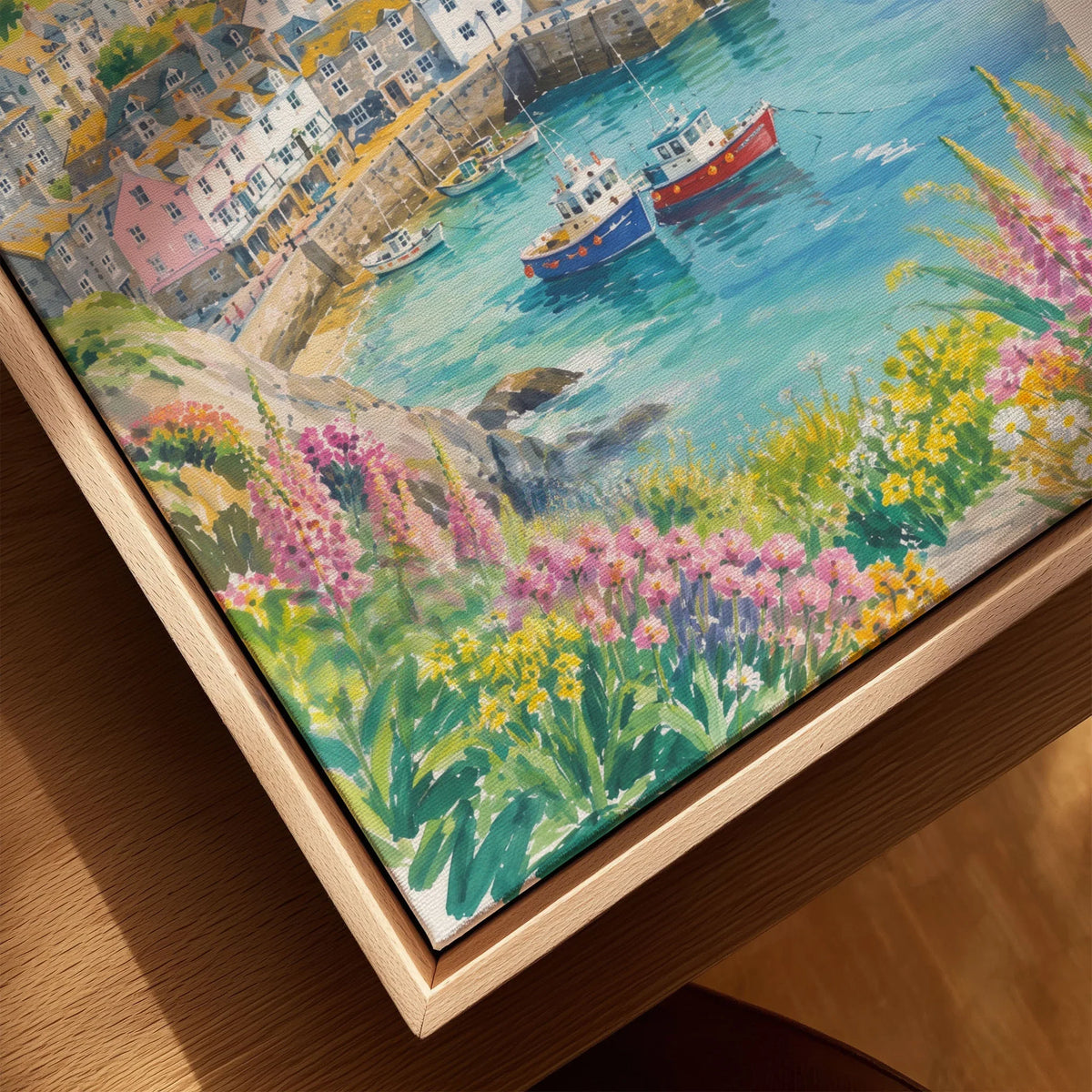 Cornwall harbour, fishing boats and lighthouse watercolour art print framed canvas with float frame, close-up
